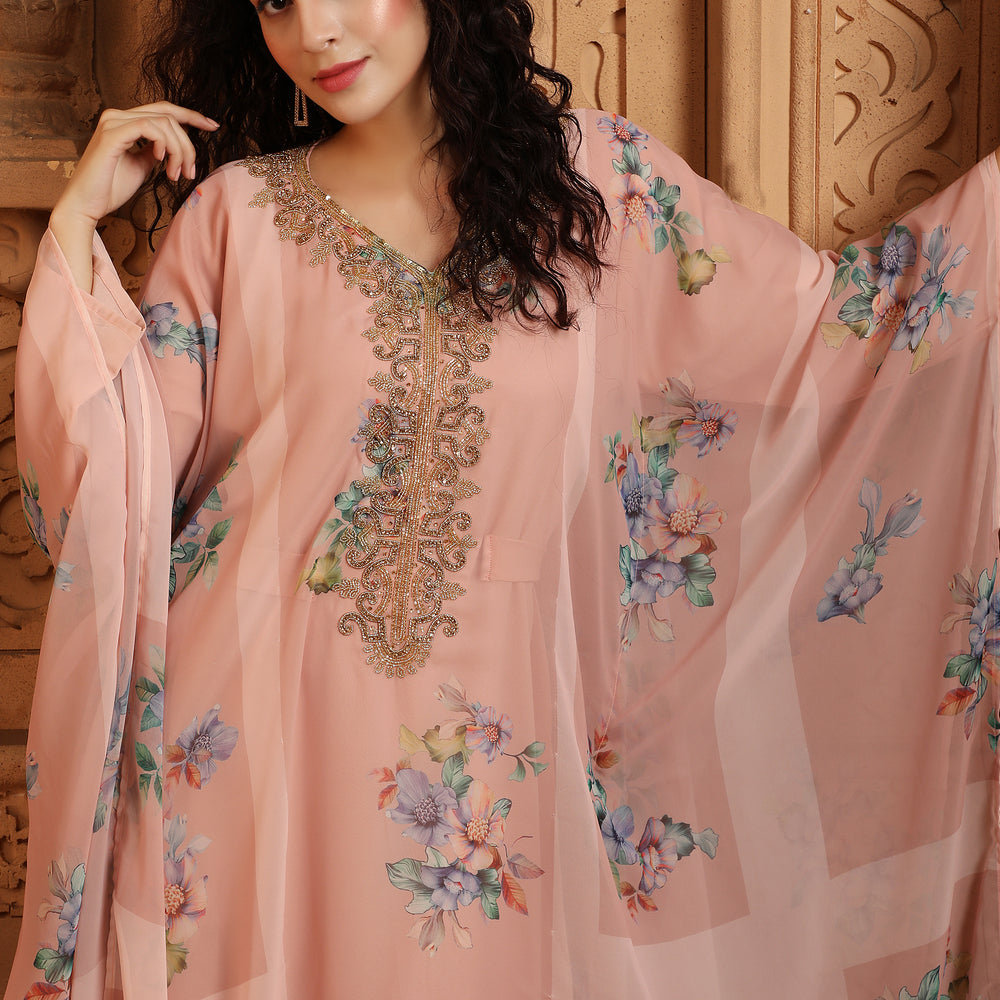 
                  
                    Peach Digital Print Kaftan Henna Party Dress with Crystals
                  
                