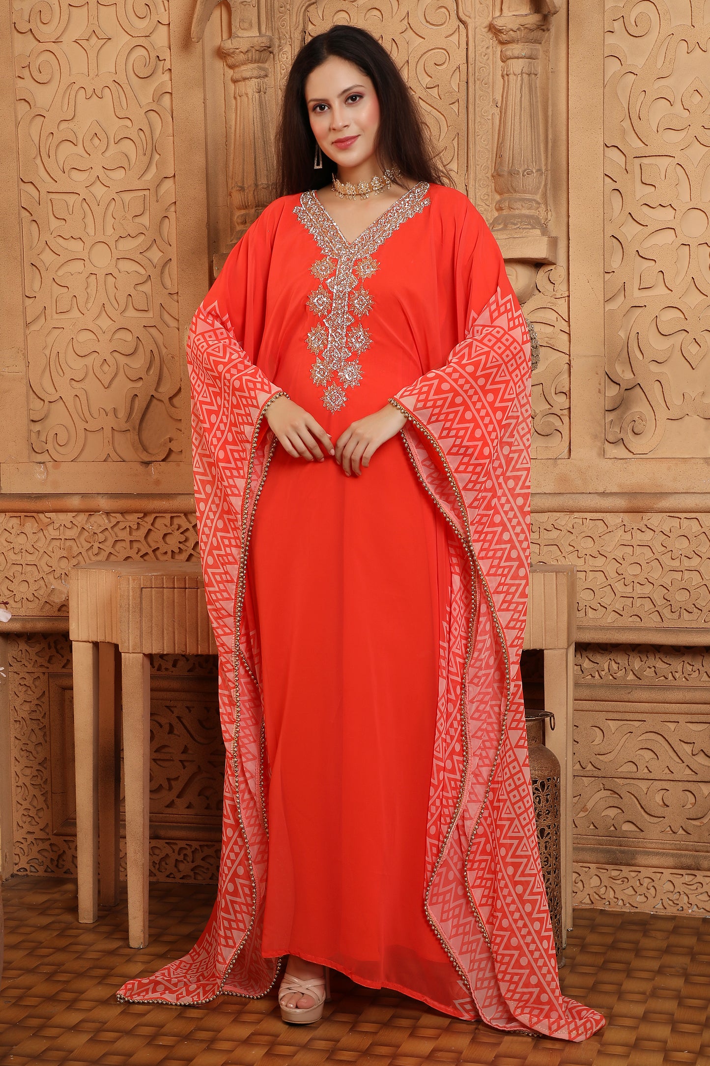 Hand Embroidered Georgette Prinited Farasha Kaftan in Red