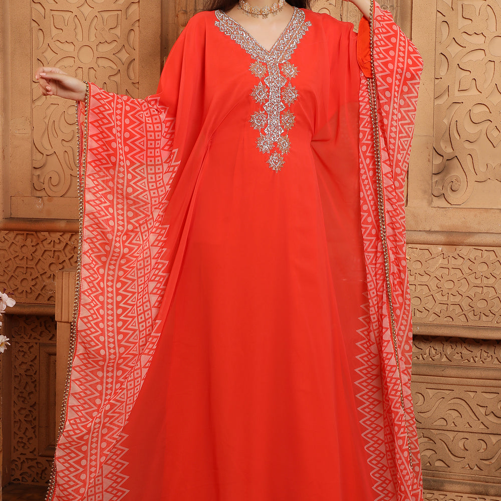 
                  
                    Hand Embroidered Georgette Prinited Farasha Kaftan in Red
                  
                