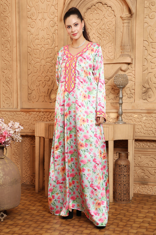 Floral Printed Jalabiya with Dori Threadwork Embroidery