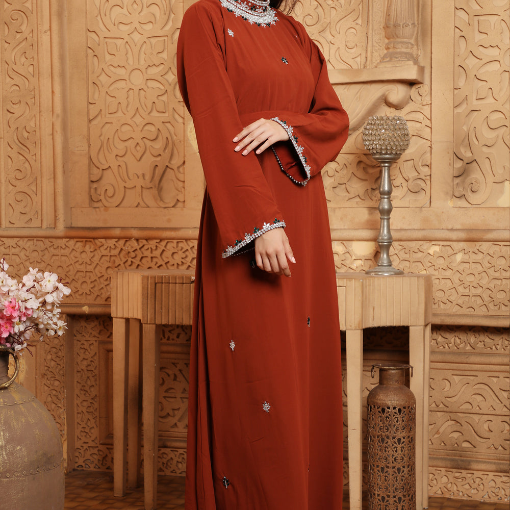 
                  
                    Eid Mubarak Maghribi Caftan Maroon Wedding Gown
                  
                