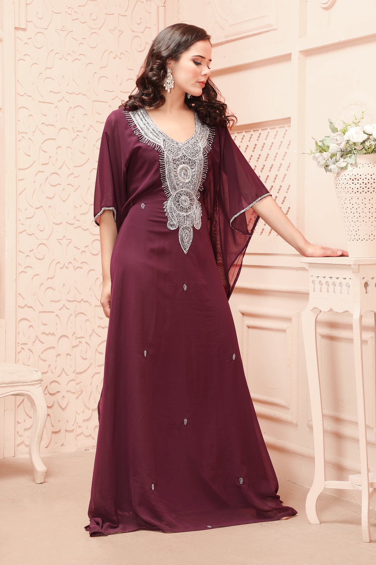 Elegant Maroon Embroidered Kaftan Gown with Silver Handwork Neck Detailing - Maxim Creation