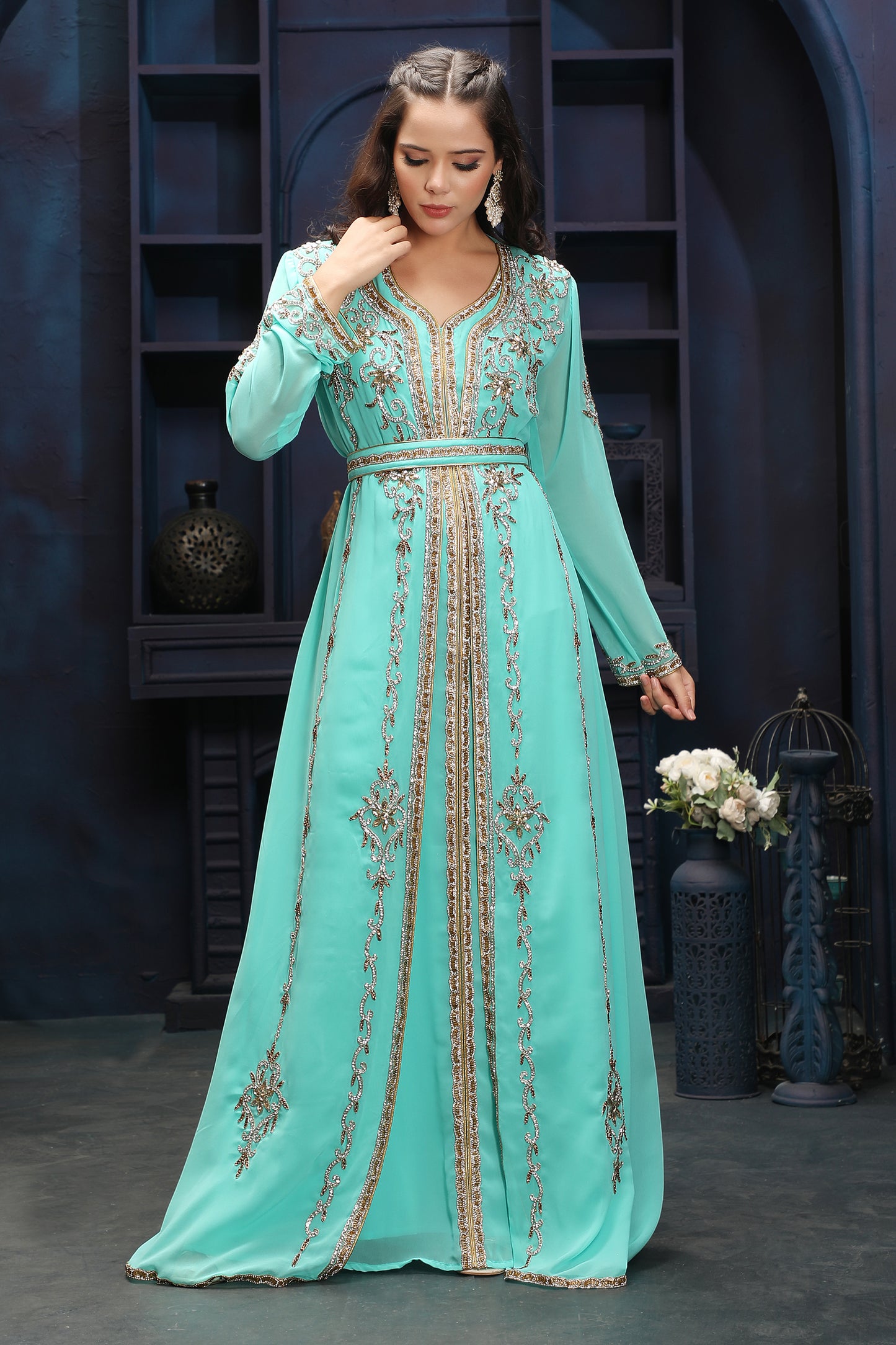 Designer Aqua Green Embroidered Gown with Detailed Front Panel Work - Maxim Creation