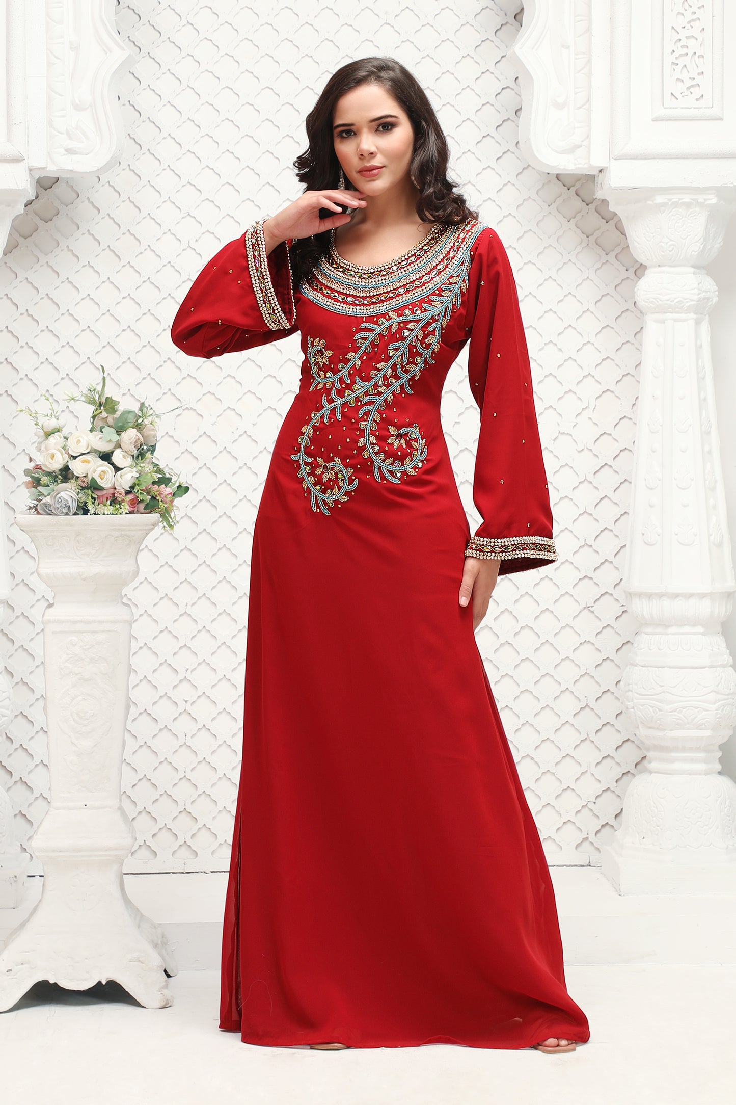 Red Embroidered Kaftan Gown with Intricate Handwork Detailing - Maxim Creation