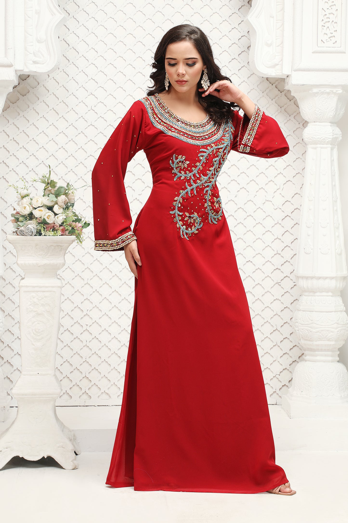 Red Embroidered Kaftan Gown with Intricate Handwork Detailing - Maxim Creation