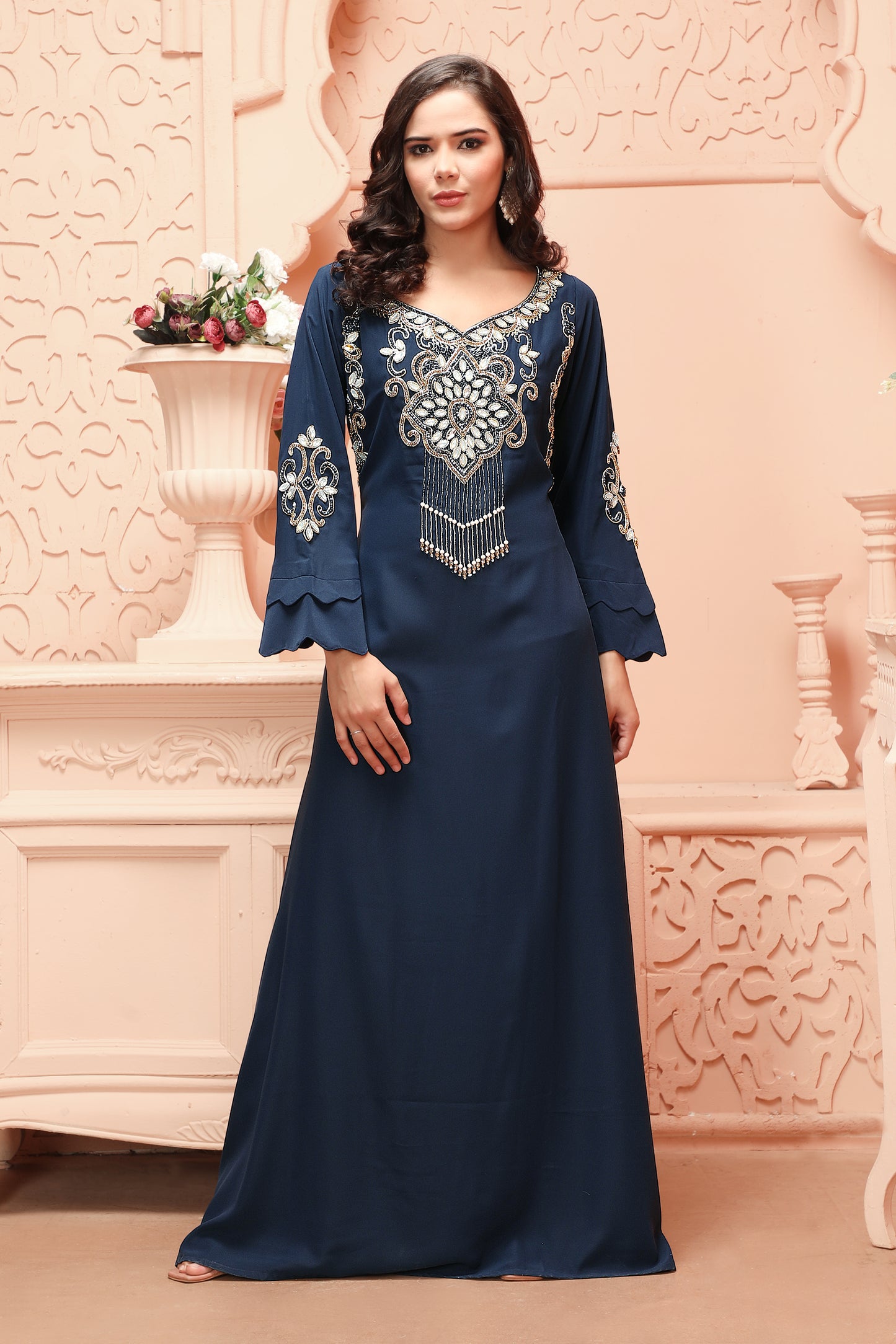 Navy Blue Designer Kaftan Gown with Heavy Embroidered Front Panel - Maxim Creation