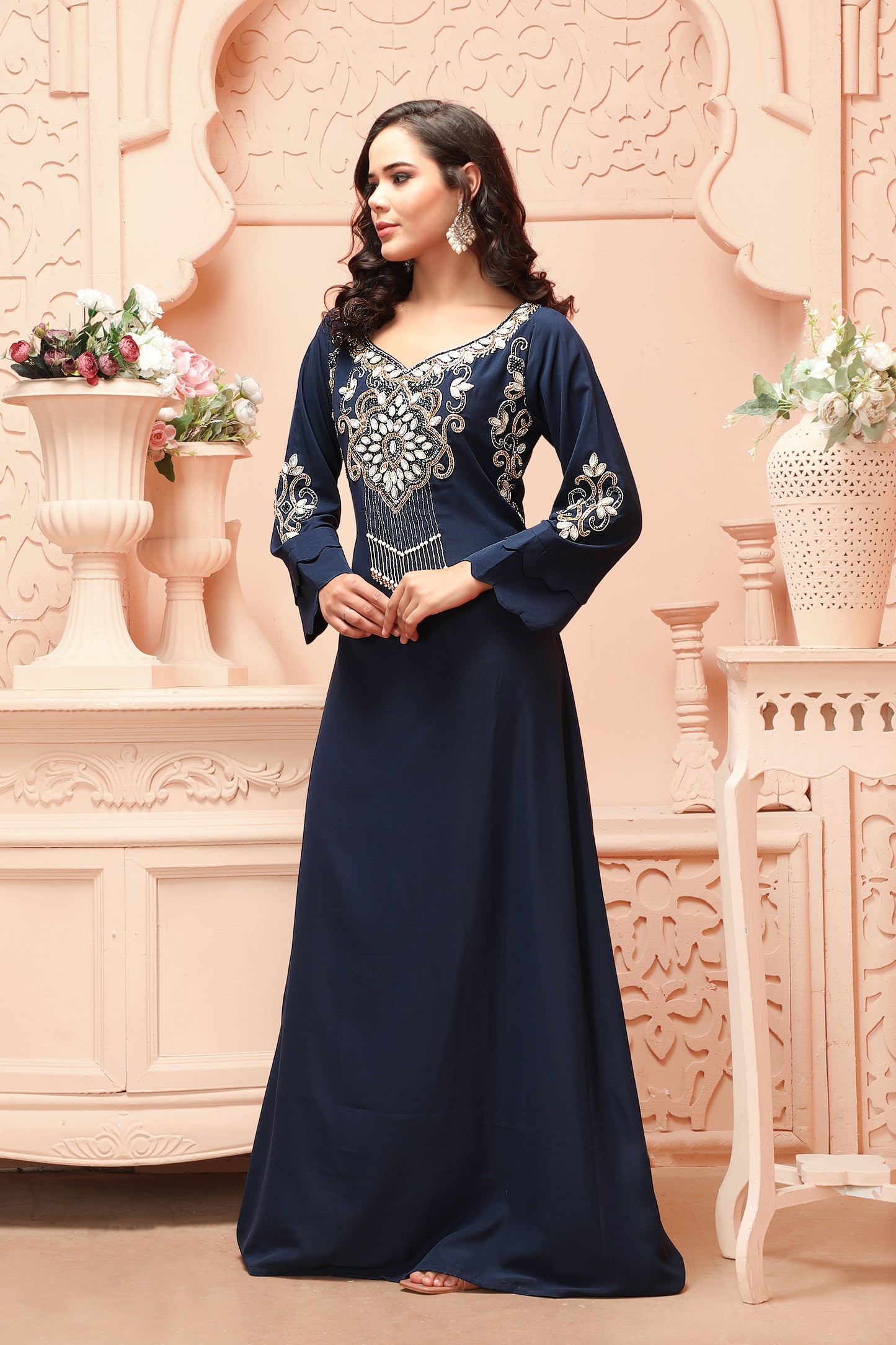 Navy Blue Designer Kaftan Gown with Heavy Embroidered Front Panel - Maxim Creation