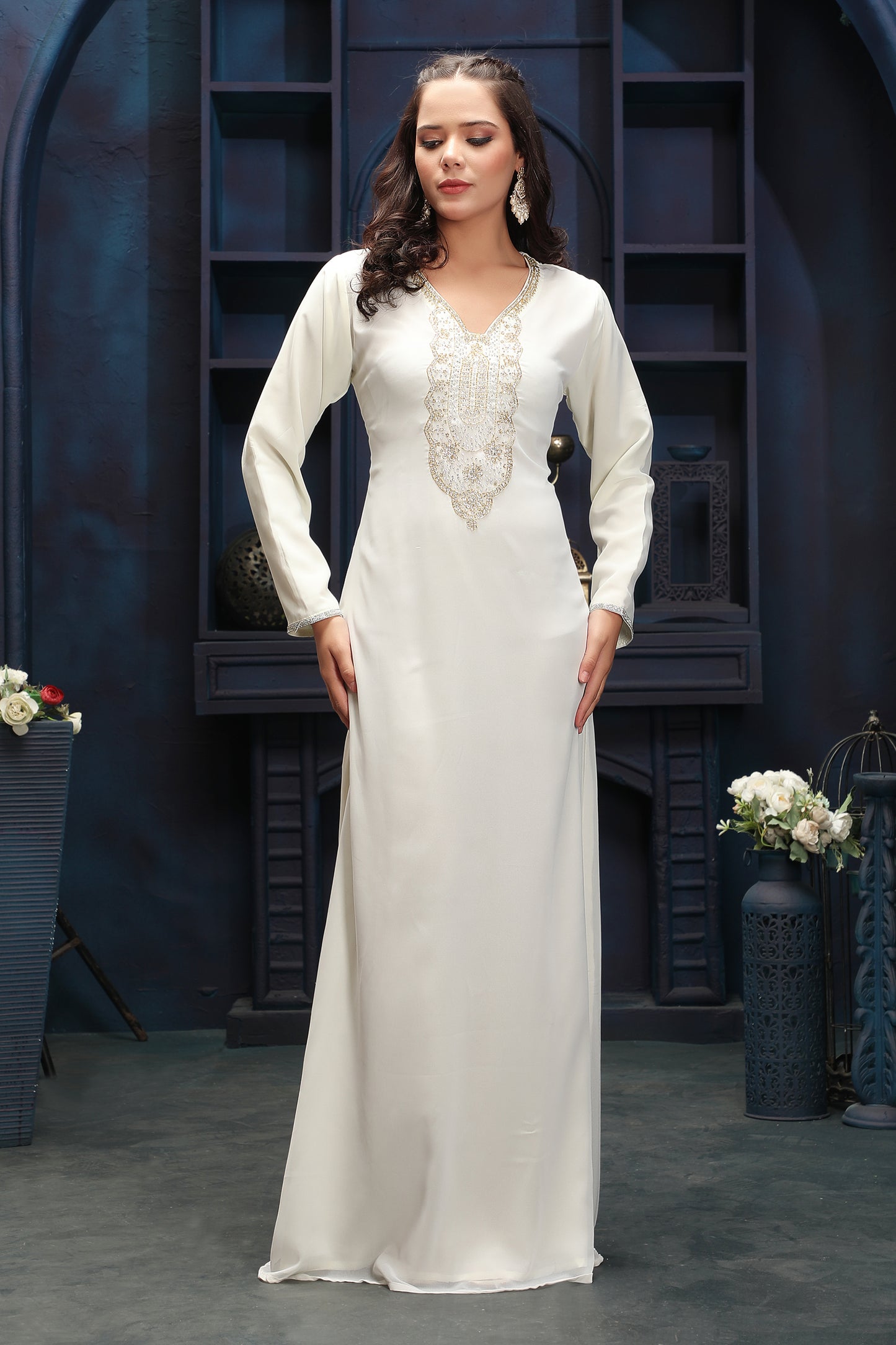 Designer Ivory Modest Dress with Clean Silhouette - Maxim Creation