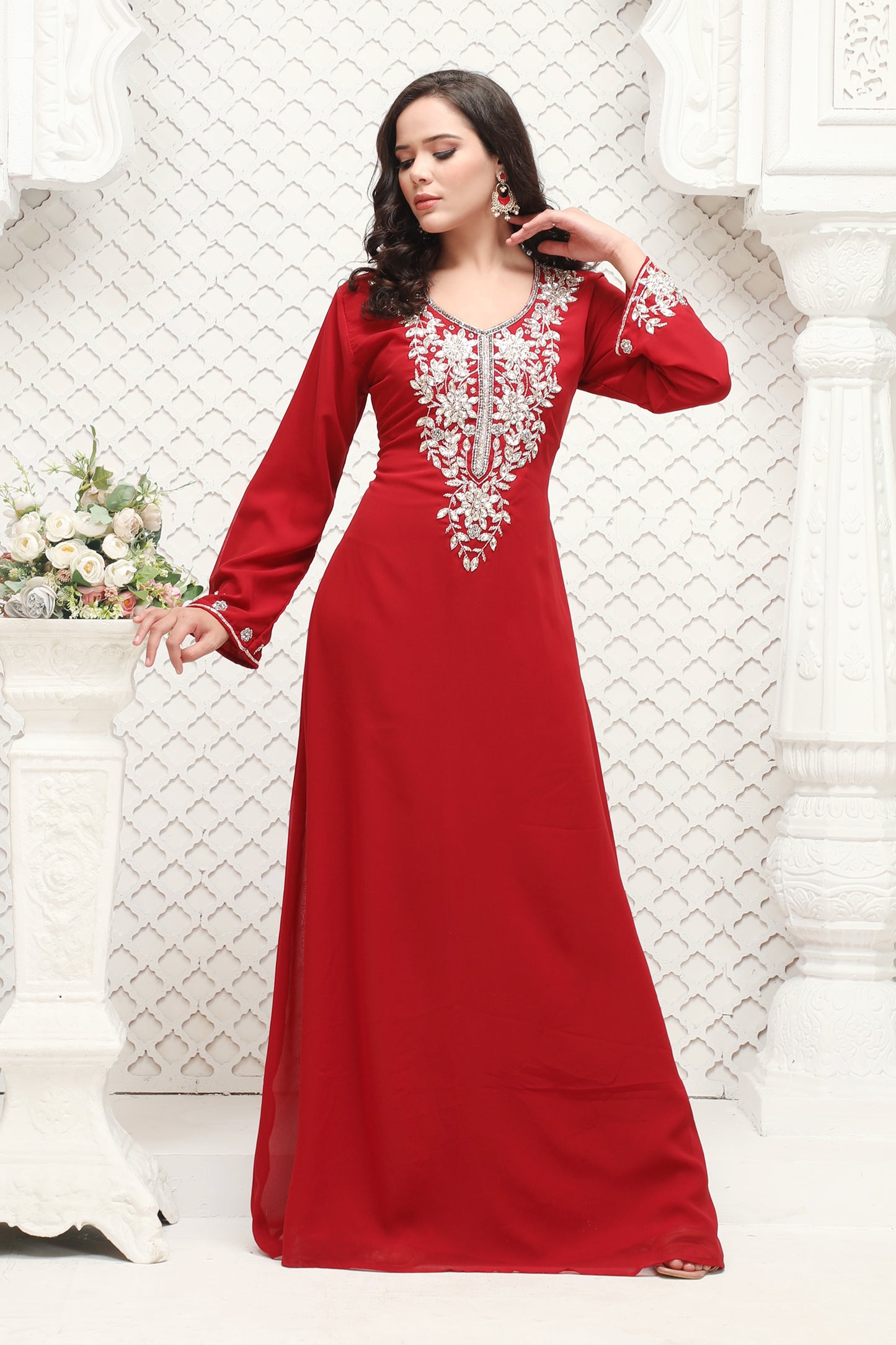 Premium Red Floor-Length Dress with Statement Neck Detailing - Maxim Creation