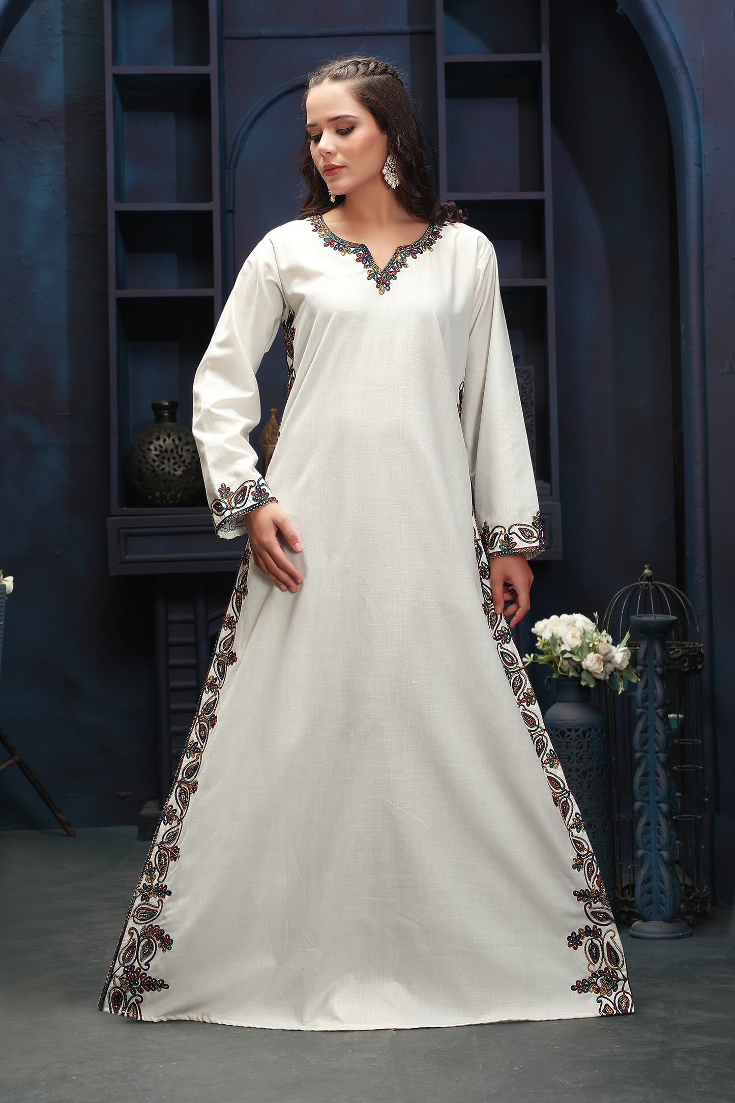 Premium Off-White Long Kaftan with Multicolor Neck Detailing - Maxim Creation