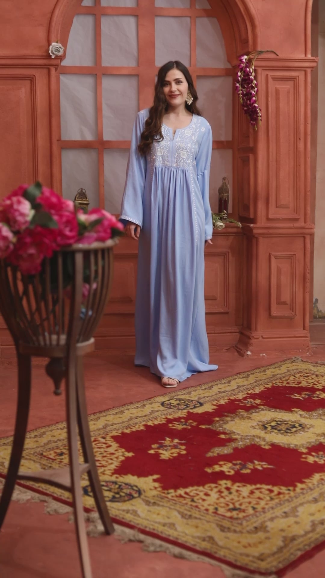 Sky Blue Floral Embroidered Empire Waist A-Line Dress