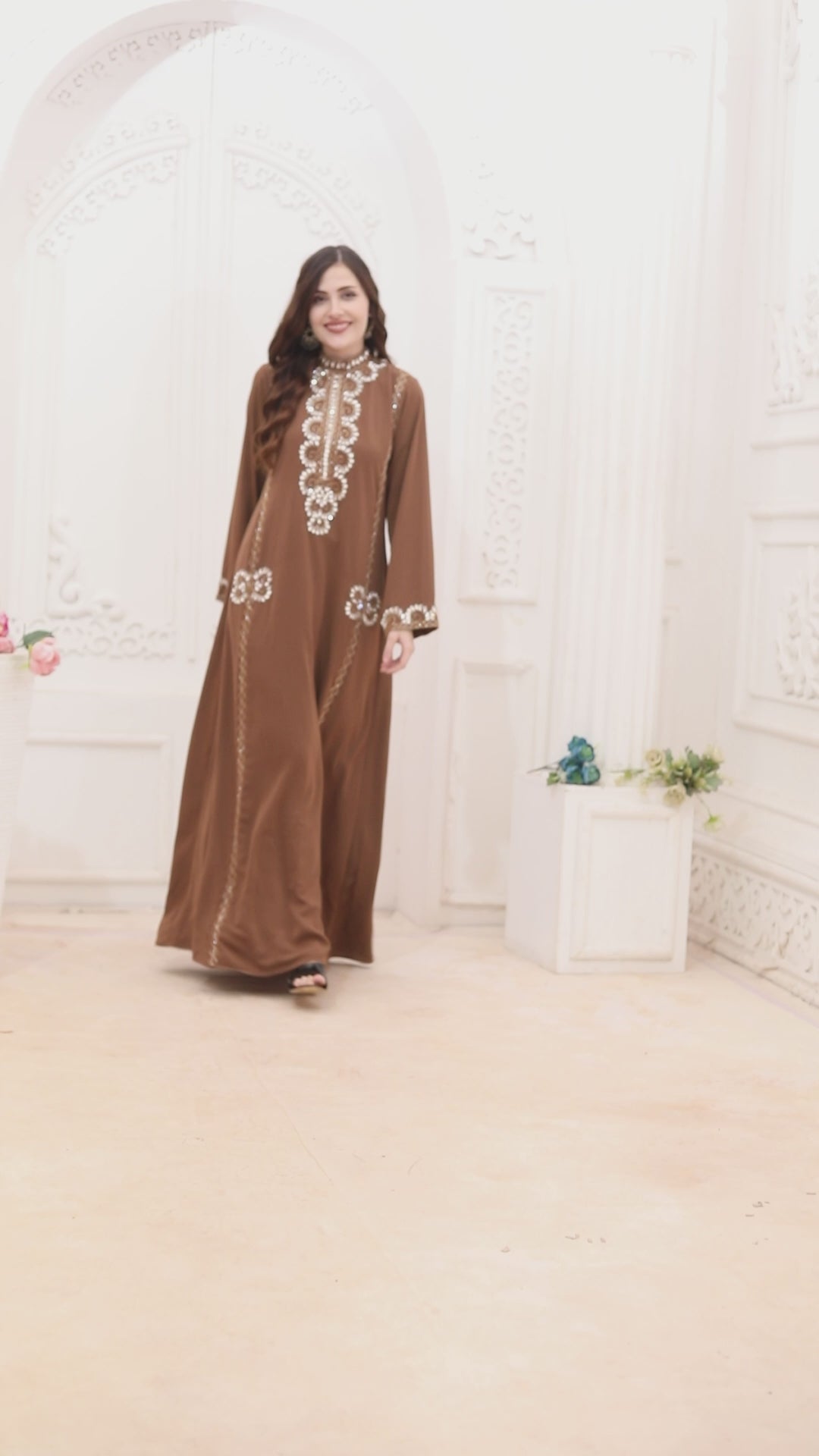 Brown Straight-Cut Jalabiya with Multicolor Crystal Embroidery