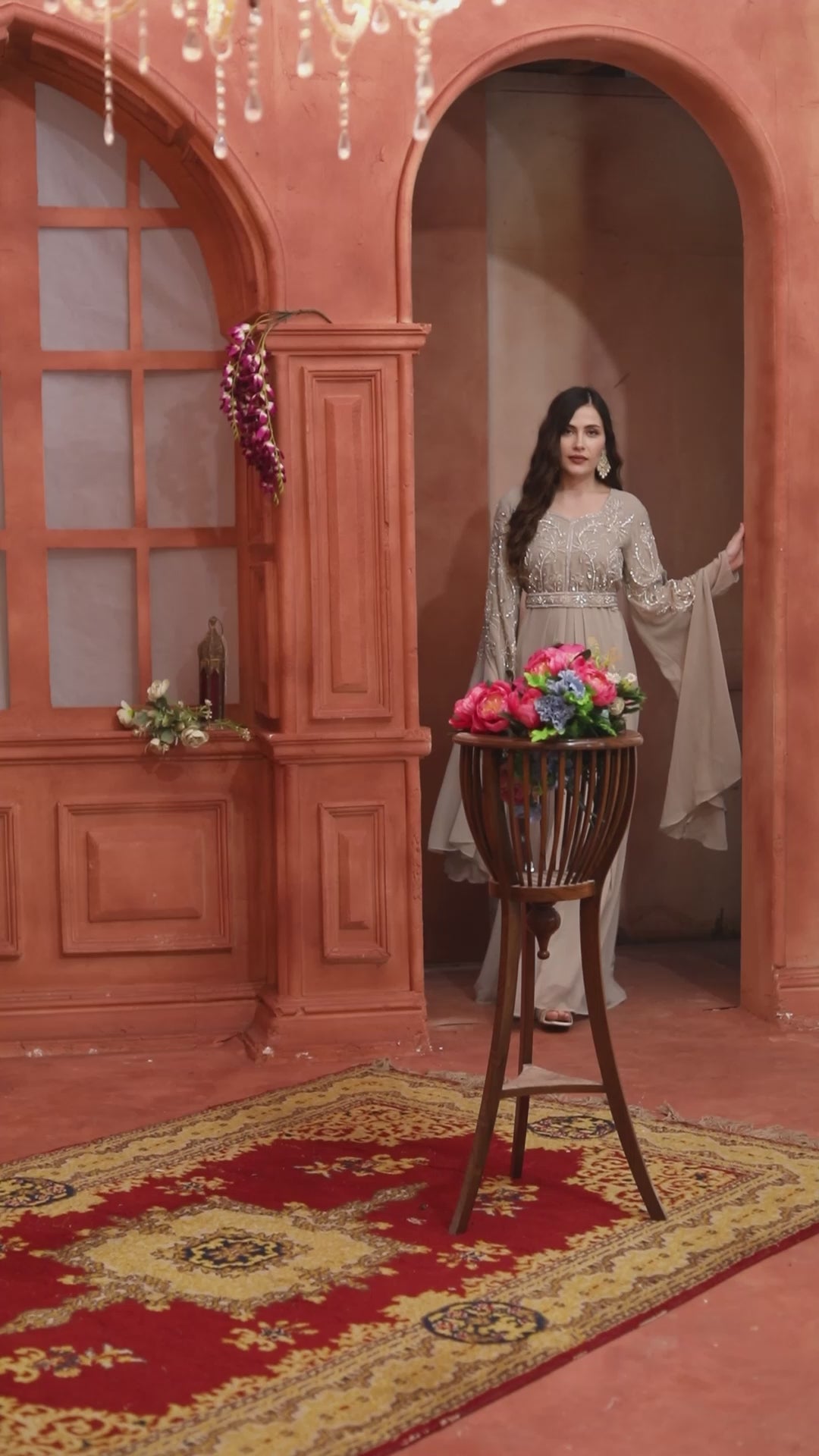 Embroidered Ball Gown with Crystal Work & Flowing Bell Sleeves