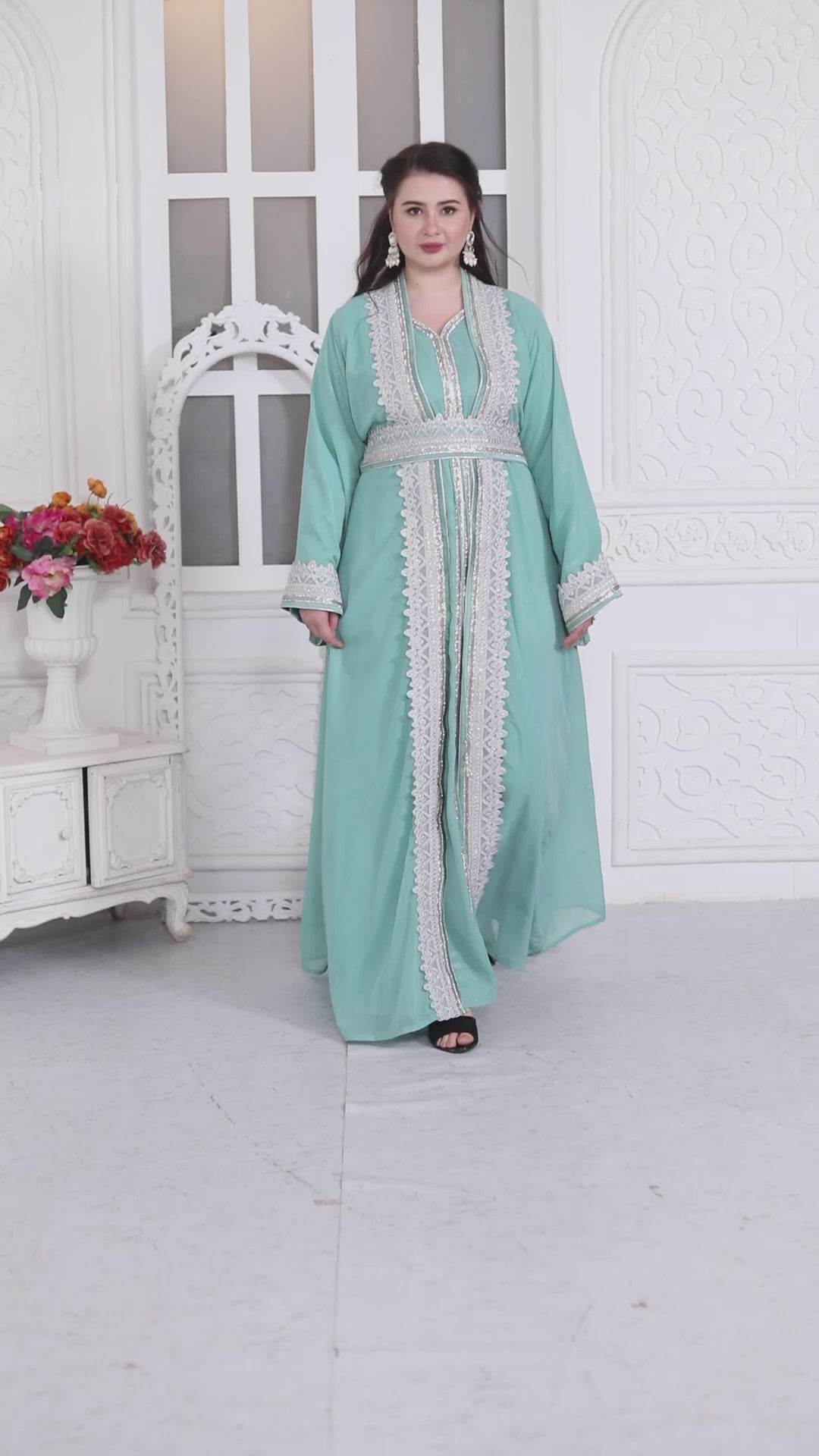 Moroccan Lace Jalabiya In Silver Embossed Foil Print