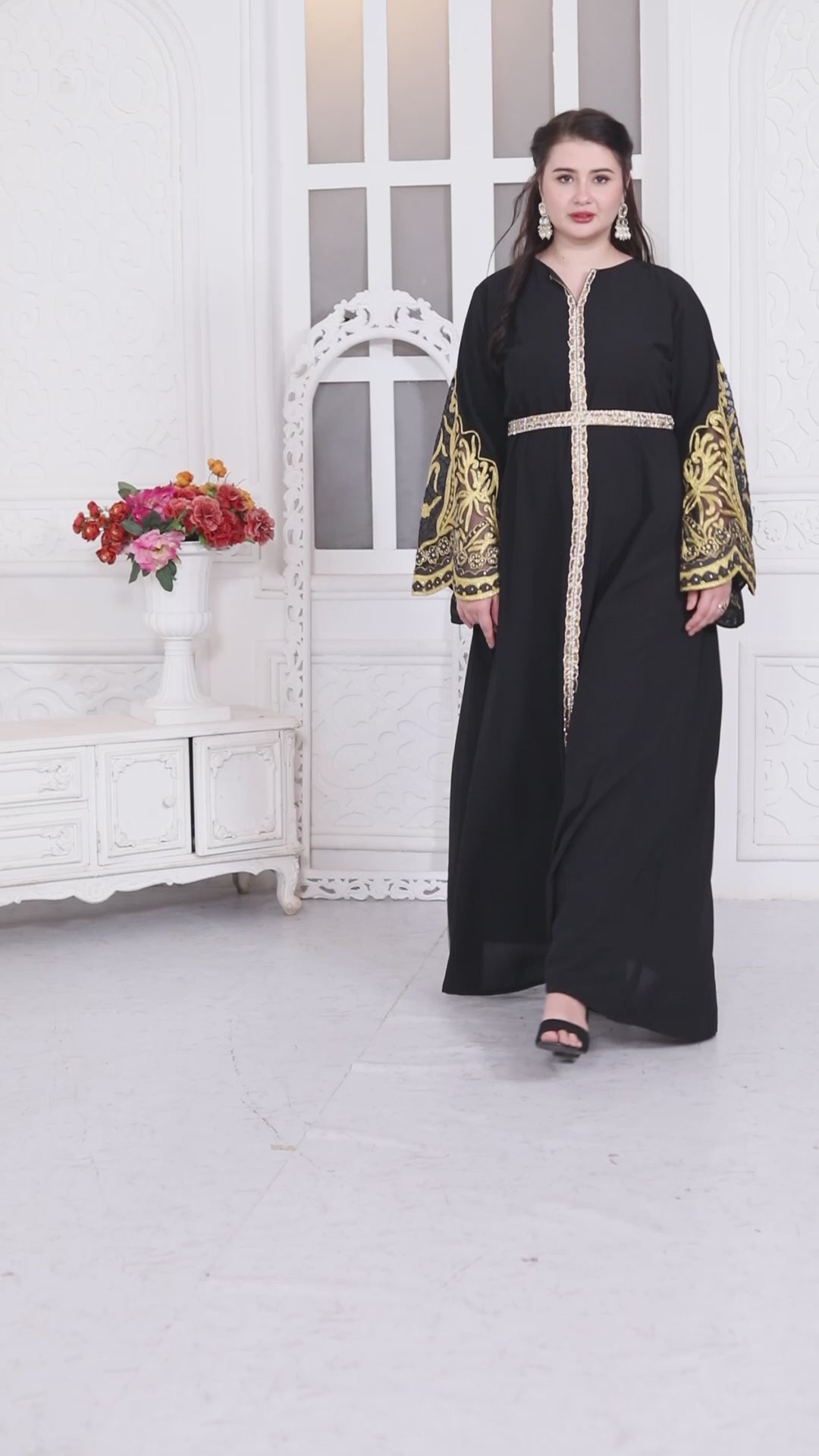 Big Flaired Sleeve Jalabiya With Golden Aari Embroidery