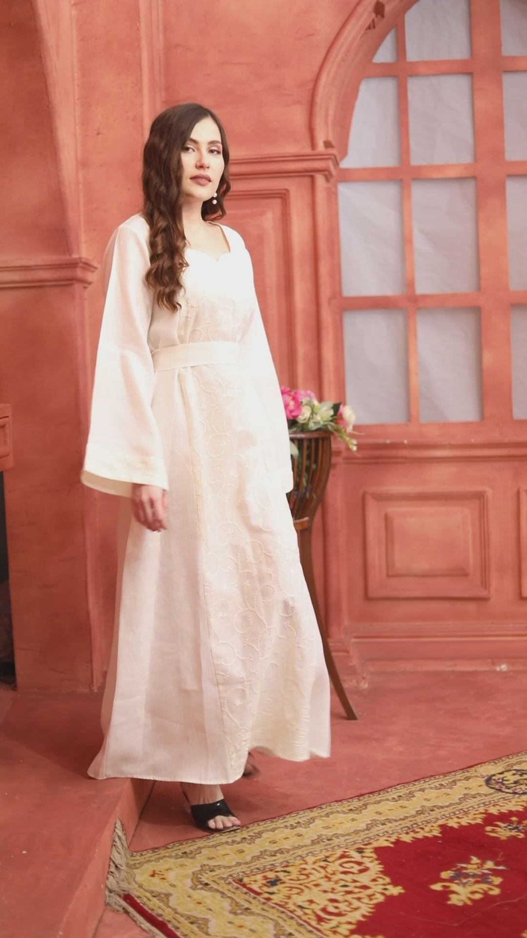 Off-White Linen Blend Gown with Sequins Embroidery and Belt