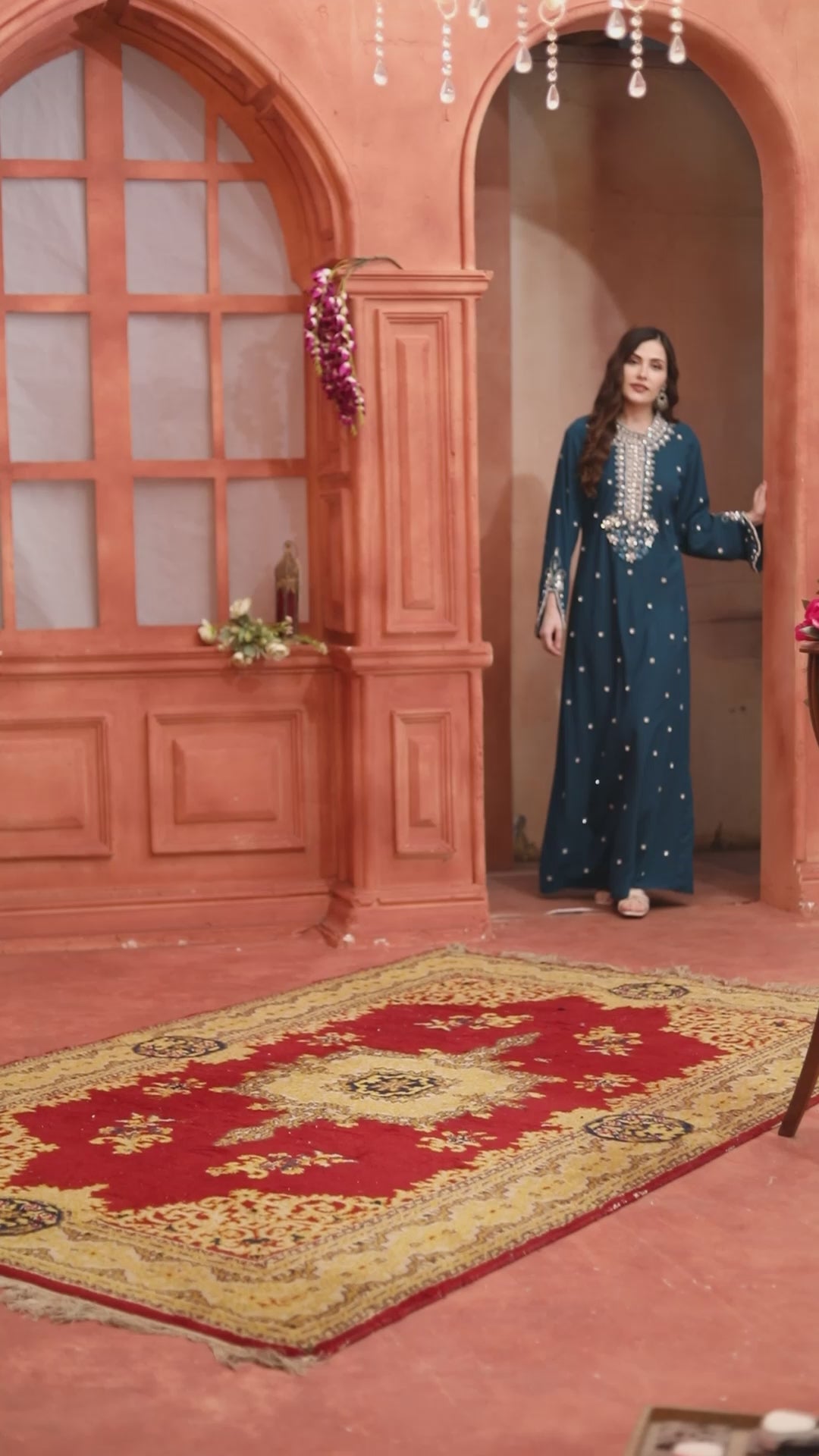 Crystal Handwork Jalabiya in Teal Blue with Bling Embroidery