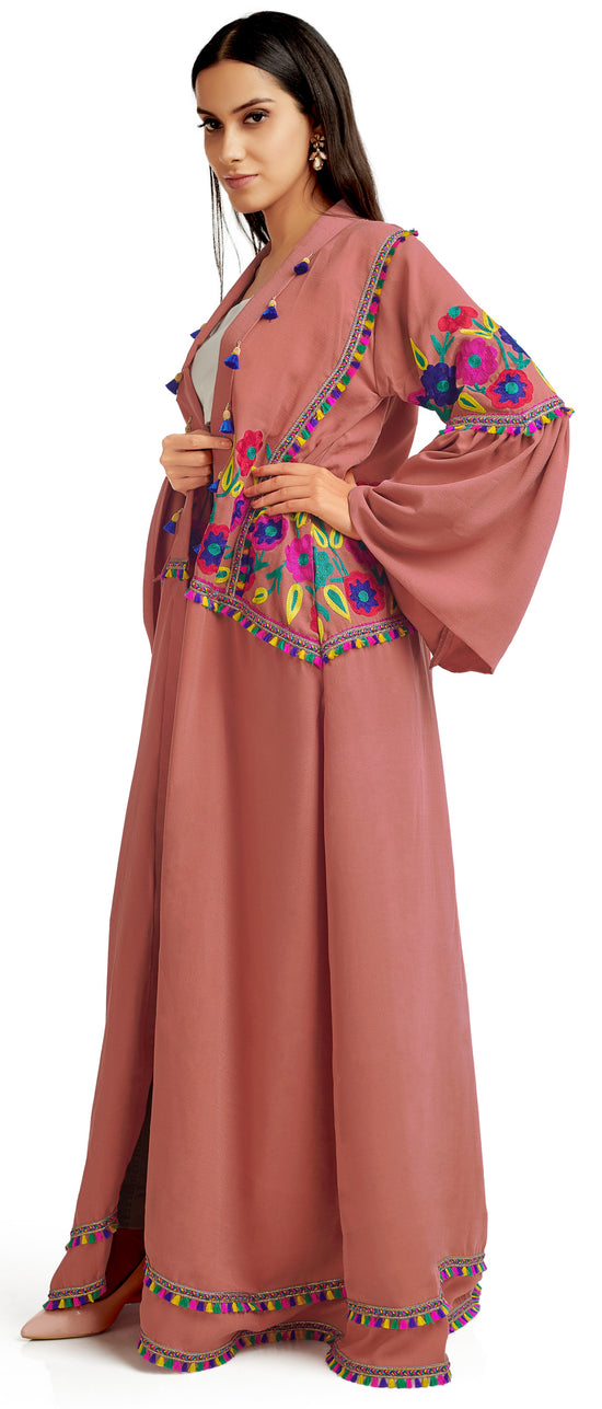 Multipurpose Long Cardigan in Rusty Pink with Colorful embroidery - Maxim Creation