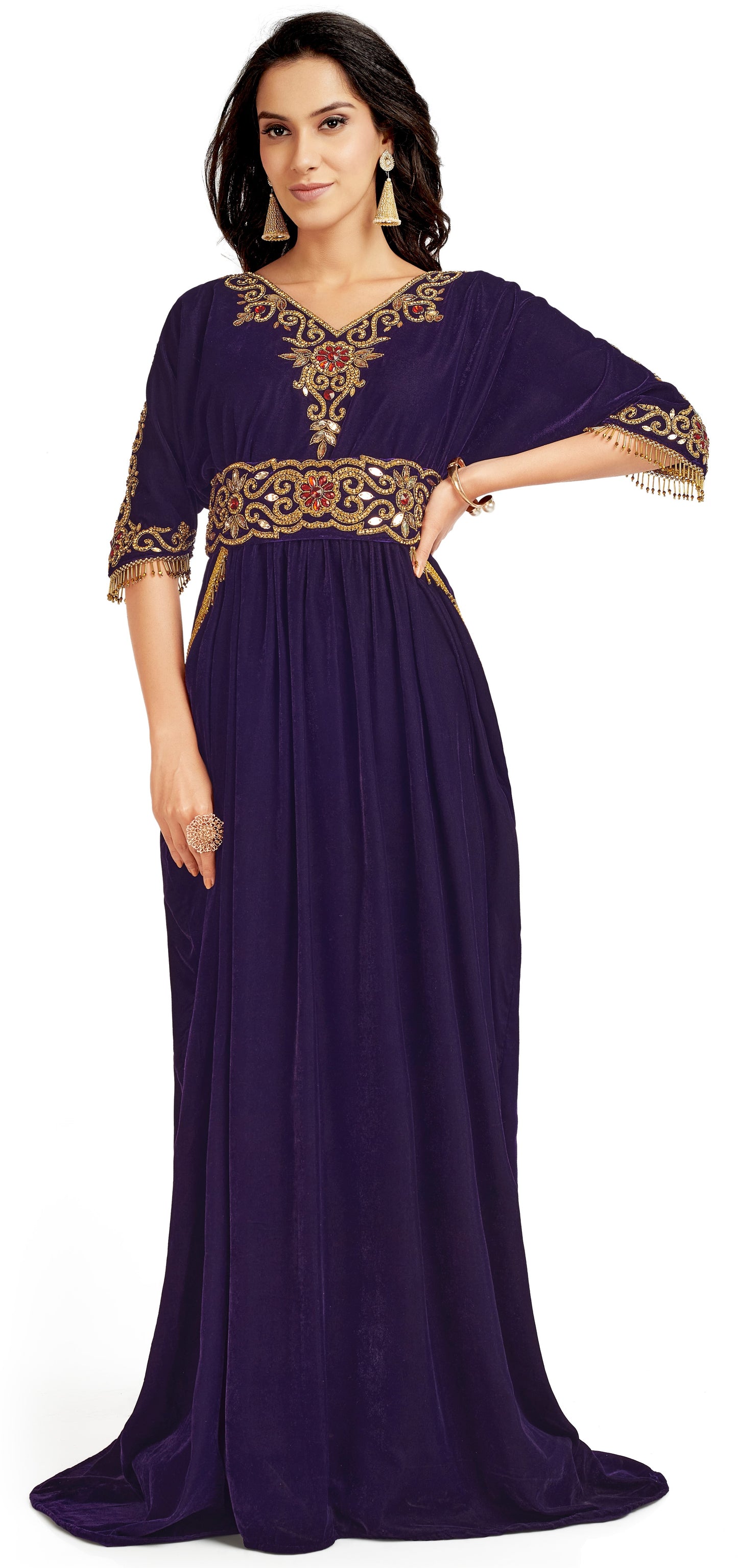 Purple Velvet Ball Gown With Golden Crystal Hand Embroidery - Maxim Creation