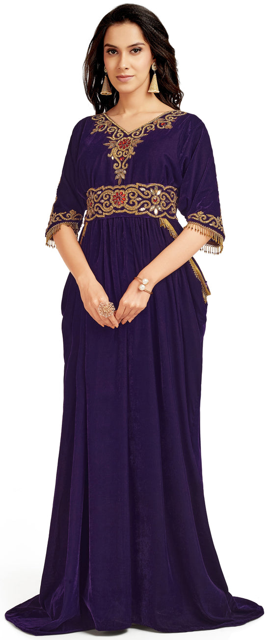 Purple Velvet Ball Gown With Golden Crystal Hand Embroidery - Maxim Creation