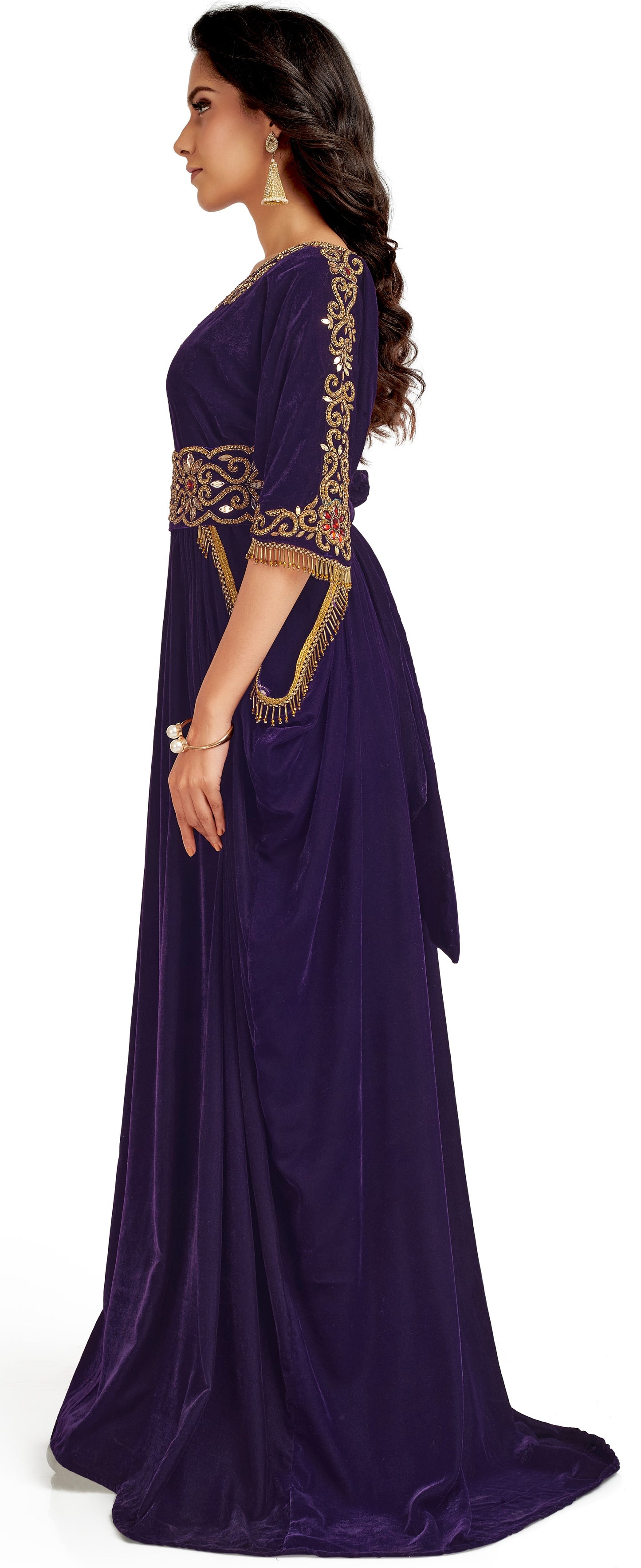 Purple Velvet Ball Gown With Golden Crystal Hand Embroidery - Maxim Creation