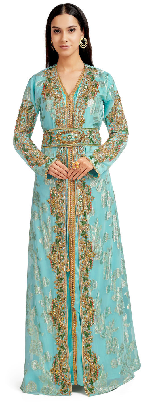 Crystal Hand work Kaftan on Turquoise Embossed Brasso - Maxim Creation