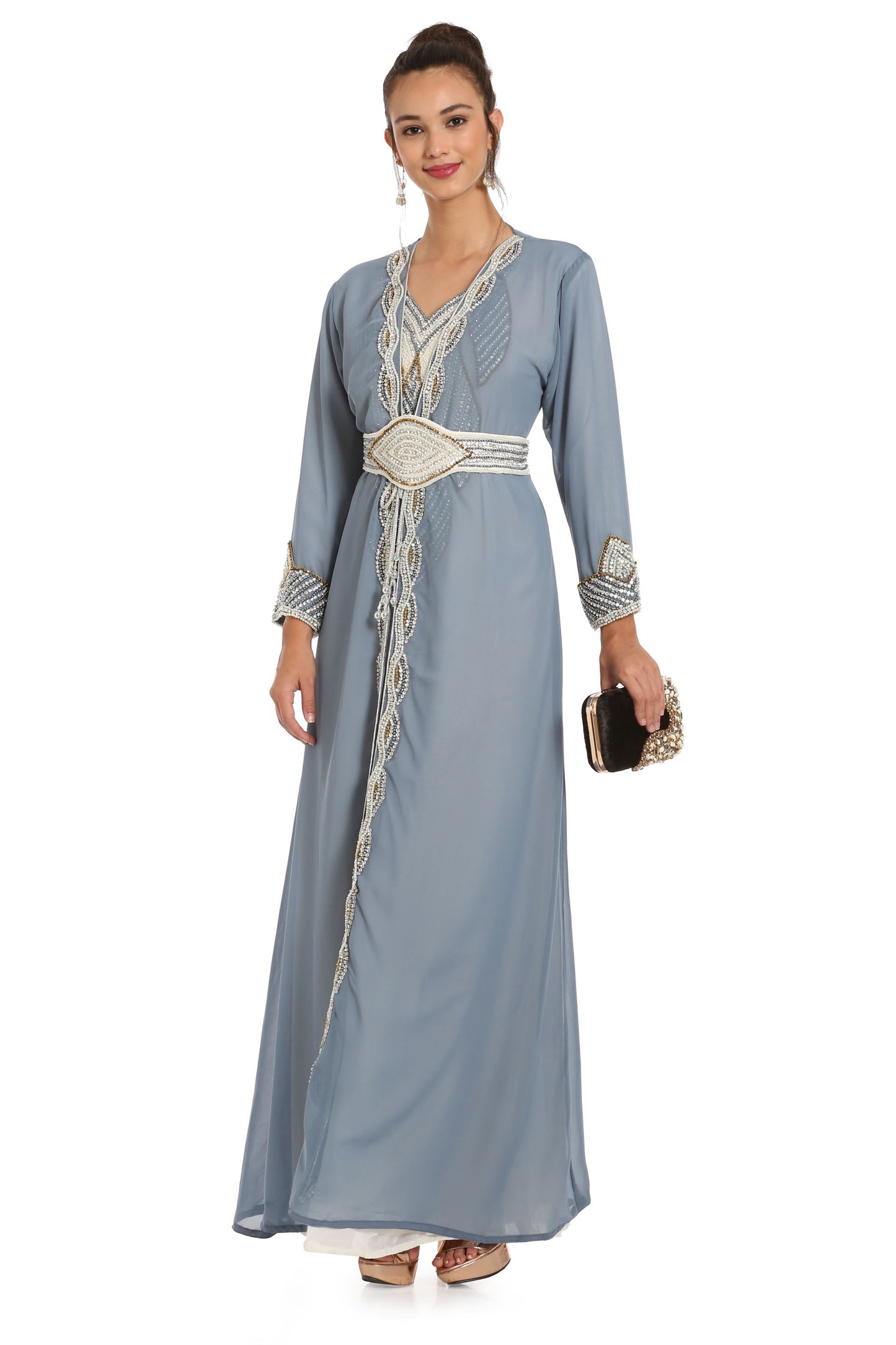 Grey Kaftan with Hand Embroidery 3pcs Maxi dress - Maxim Creation