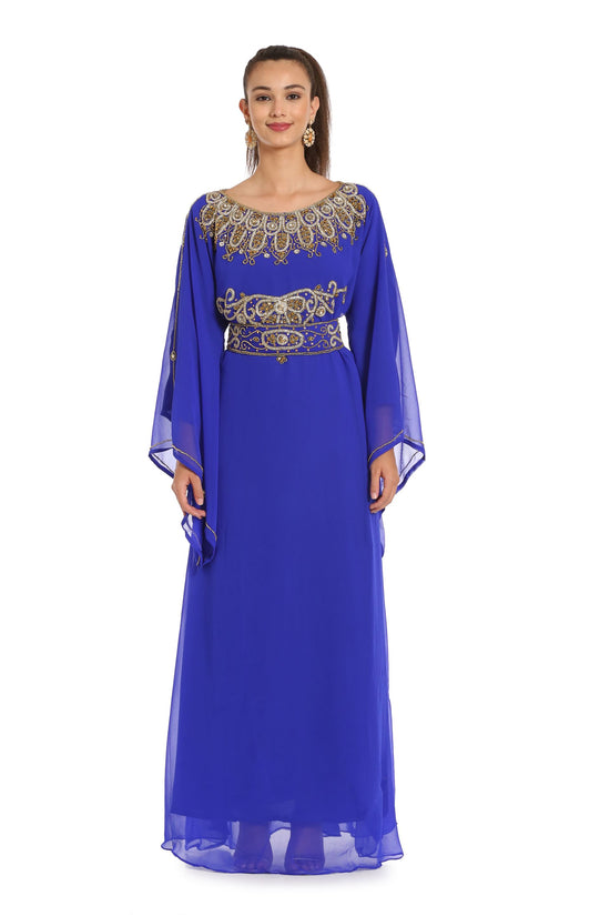 Royal Blue Maxi Gown Embroidered Arabian Kaftan Dress - Maxim Creation