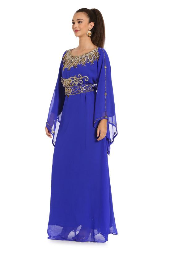 Royal Blue Maxi Gown Embroidered Arabian Kaftan Dress - Maxim Creation