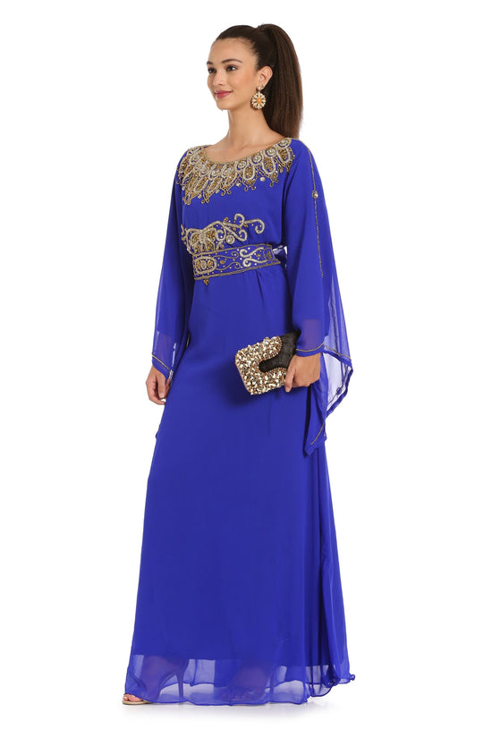 Royal Blue Maxi Gown Embroidered Arabian Kaftan Dress - Maxim Creation