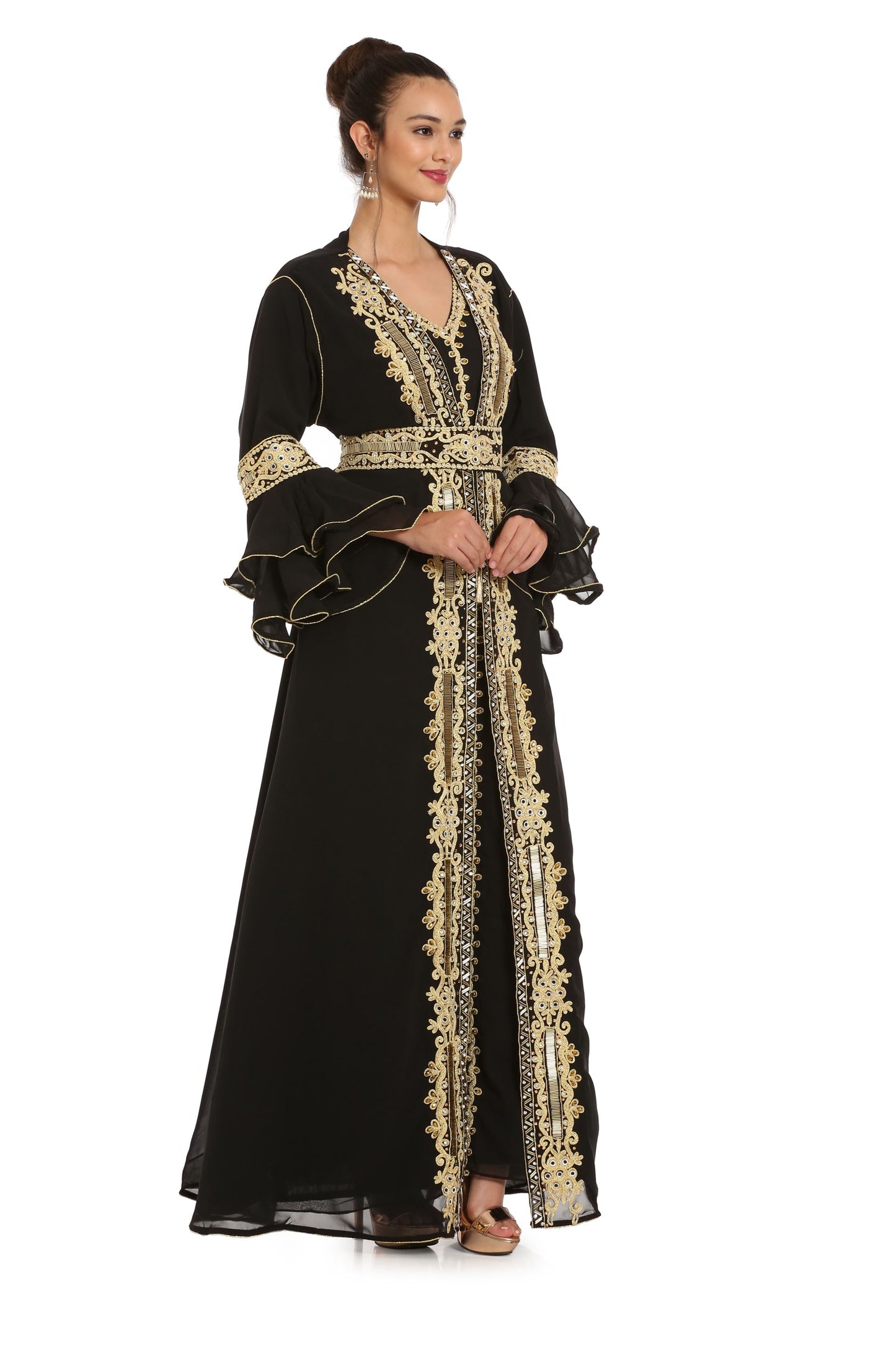 Black Abaya Kaftan Henna Party Dress with Long Bell Sleeve - Maxim Creation