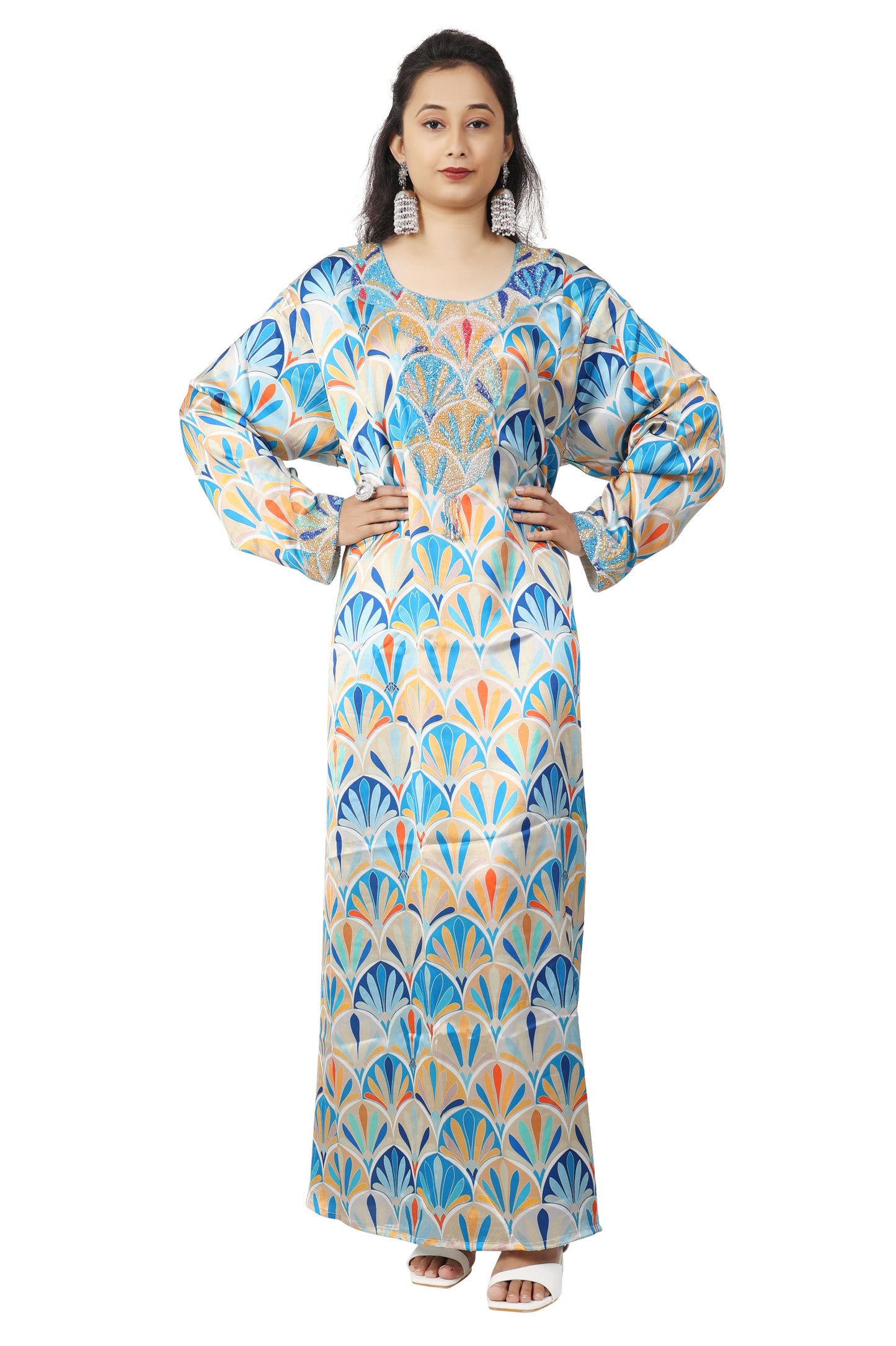 Dubai Farasha Kaftan Satin Flower Print Evening Tea Party Gown - Maxim Creation