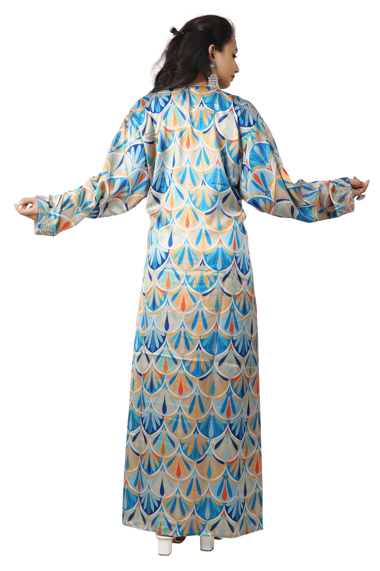 Dubai Farasha Kaftan Satin Flower Print Evening Tea Party Gown - Maxim Creation