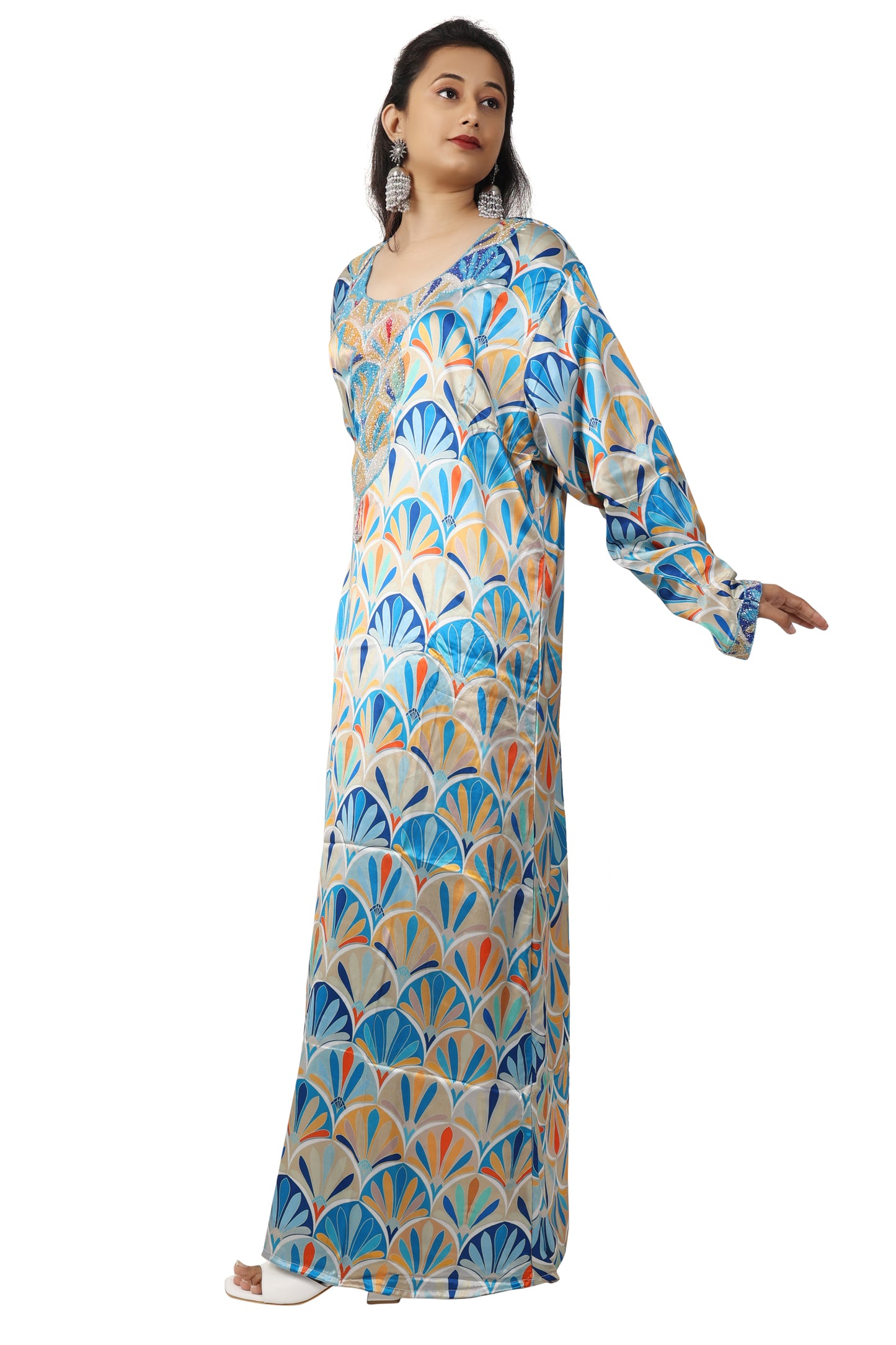 Dubai Farasha Kaftan Satin Flower Print Evening Tea Party Gown - Maxim Creation