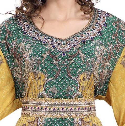 Yellow Printed Kaftan with Crystal Luxe Beads - Maxim Creation