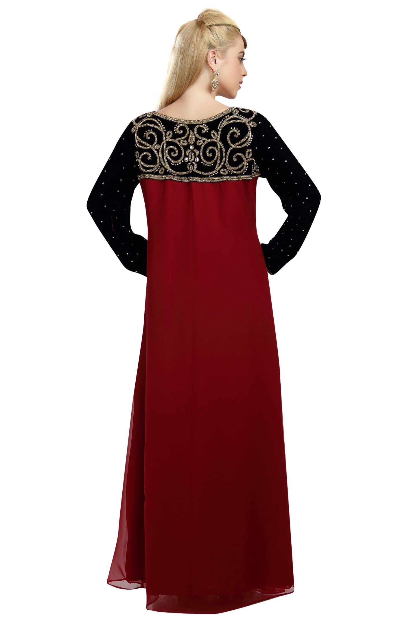 Embroidered Kaftan in Black-Maroon Velvet Fabric Takchita Gown - Maxim Creation