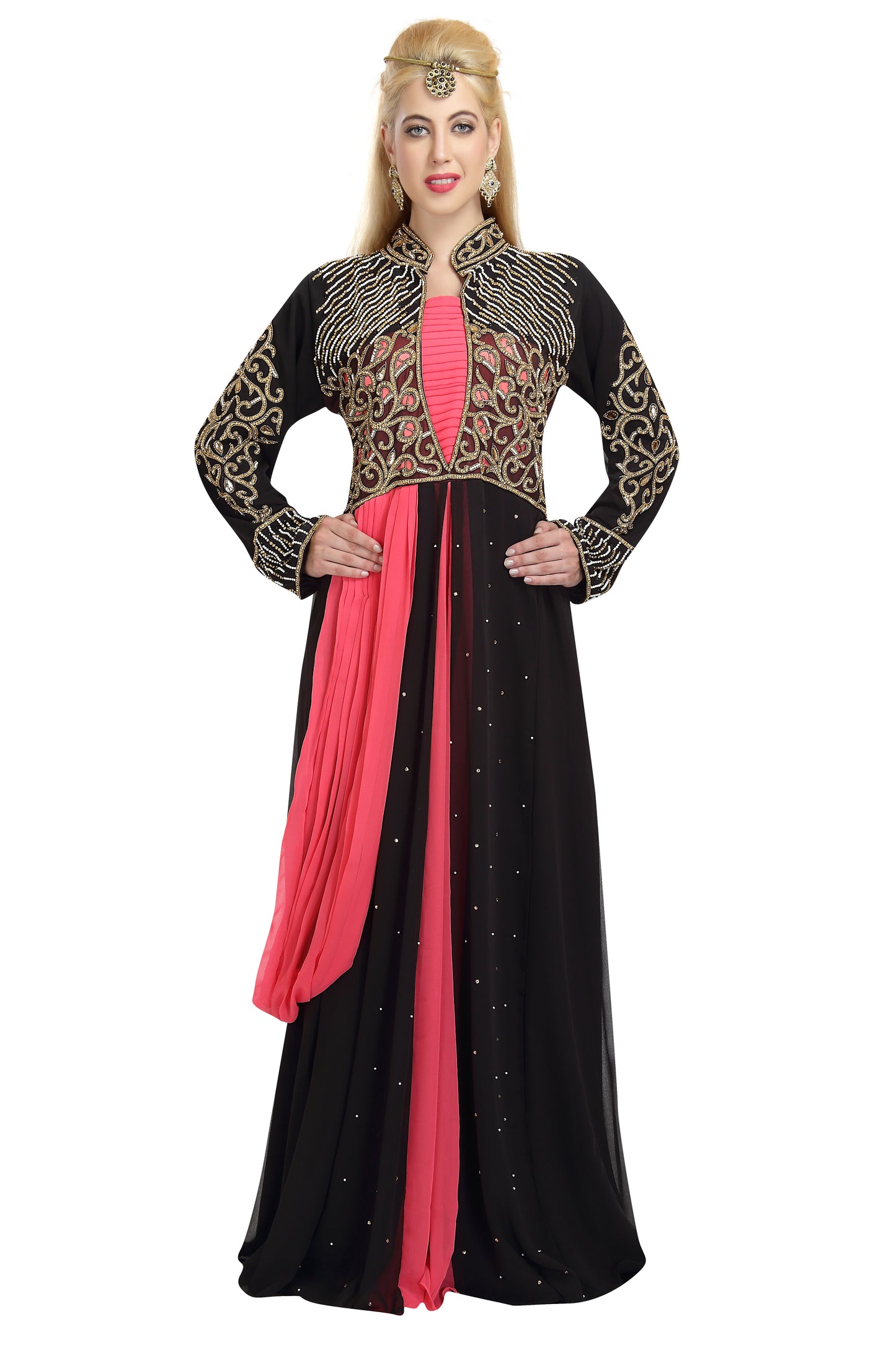 Designer Kaftan Gown in Black And Pink Bridesmaid Dress - Maxim Creation