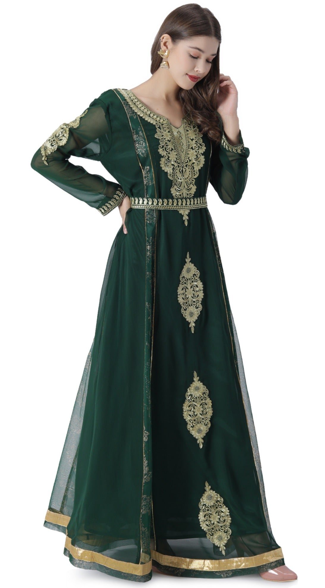 Traditional Caftan With Paisely Embroidered Belt - Maxim Creation