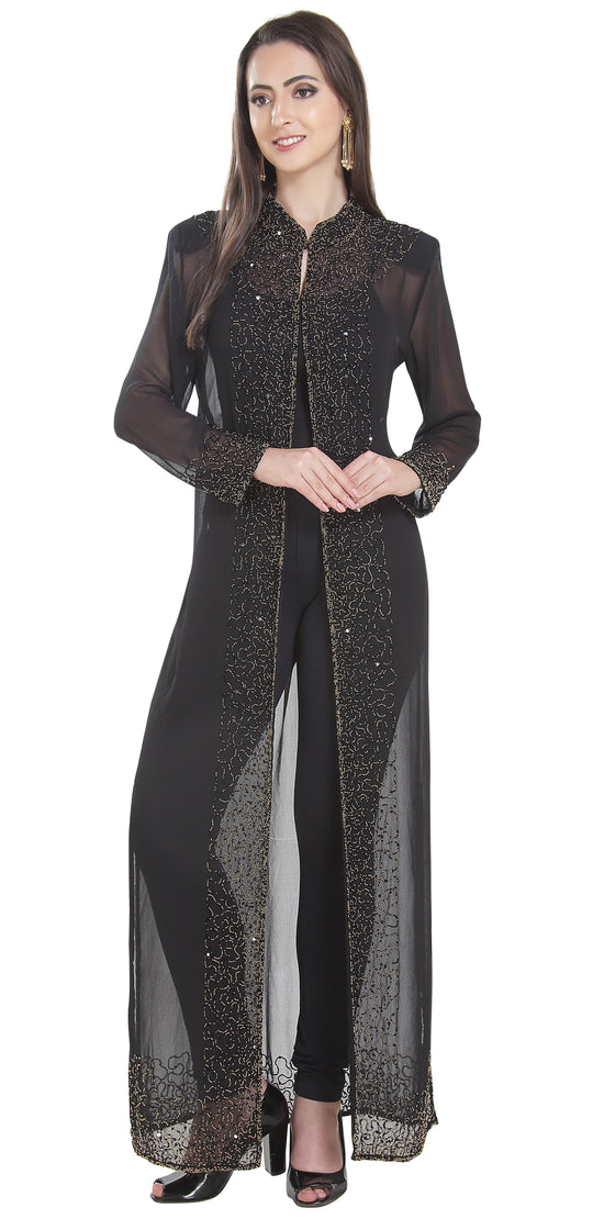 Long Overcoat Jacket With Embroidery - Maxim Creation