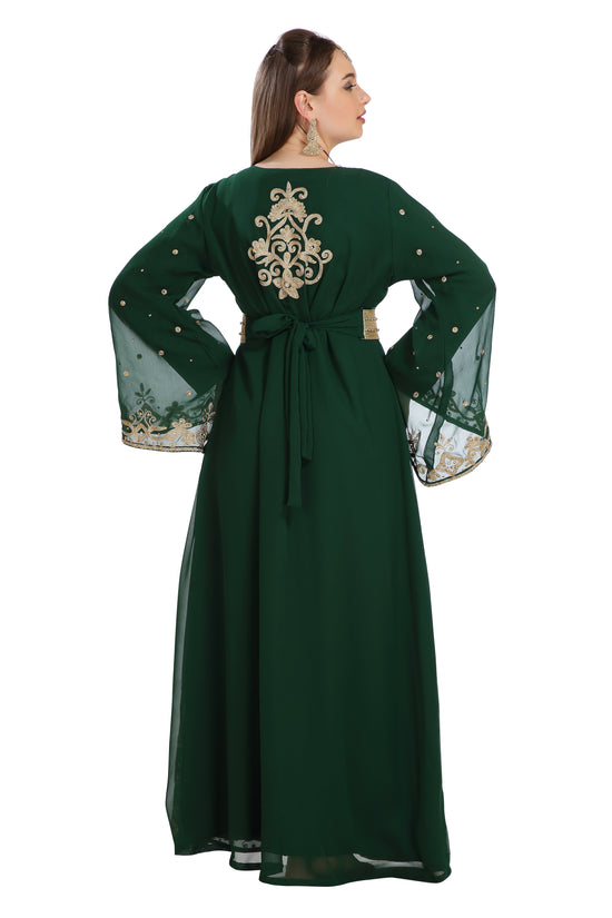 Hand Zari Work Embroidery Henna Party Abaya Bell Sleeve Caftan 2 Piece Set - Maxim Creation