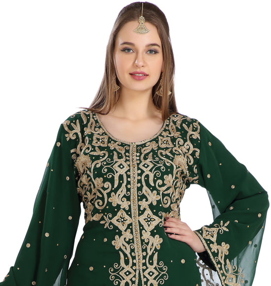 Hand Zari Work Embroidery Henna Party Abaya Bell Sleeve Caftan 2 Piece Set - Maxim Creation