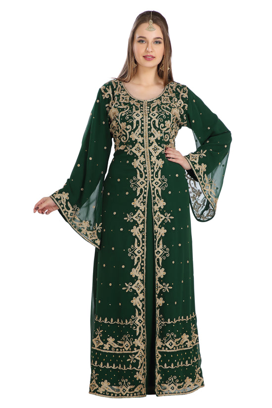 Hand Zari Work Embroidery Henna Party Abaya Bell Sleeve Caftan 2 Piece Set - Maxim Creation