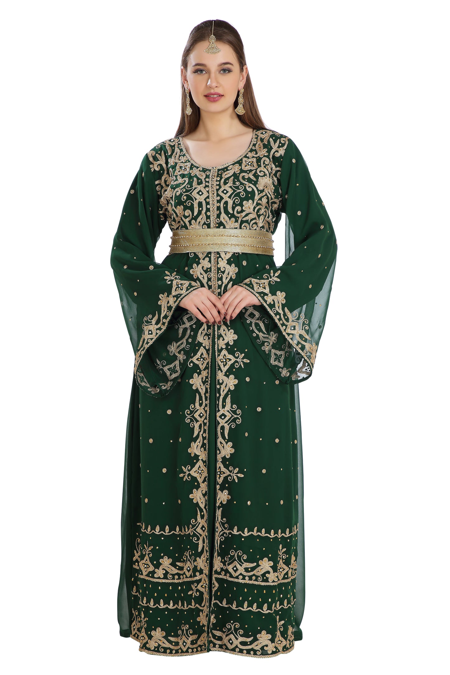 Hand Zari Work Embroidery Henna Party Abaya Bell Sleeve Caftan 2 Piece Set - Maxim Creation