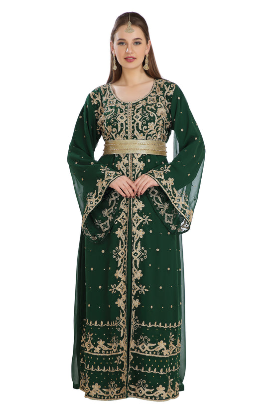 Hand Zari Work Embroidery Henna Party Abaya Bell Sleeve Caftan 2 Piece Set - Maxim Creation