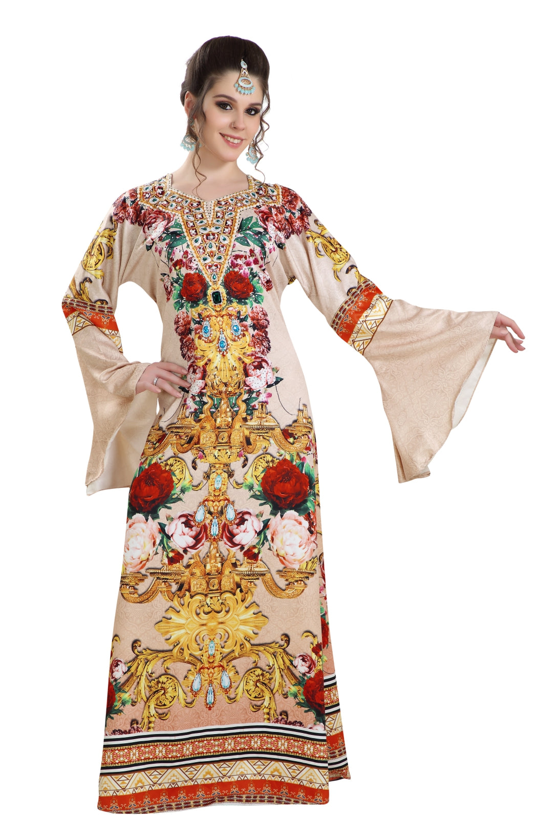 Digital Printed Kaftan on Silk Smooth Fabric With Crystals - Maxim Creation