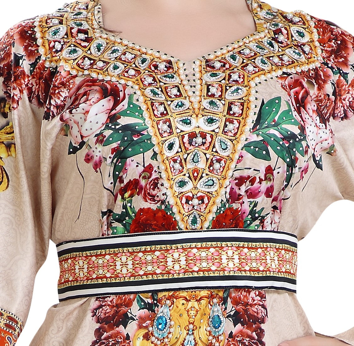 Digital Printed Kaftan on Silk Smooth Fabric With Crystals - Maxim Creation