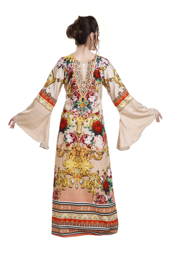 Digital Printed Kaftan on Silk Smooth Fabric With Crystals - Maxim Creation