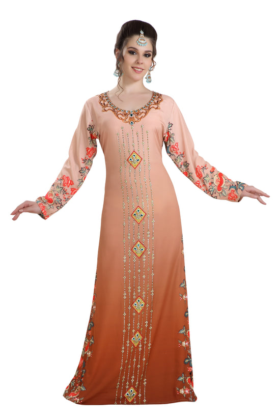 Dubai Kaftan Digital Printed Long Maxi Dress With Crystals - Maxim Creation