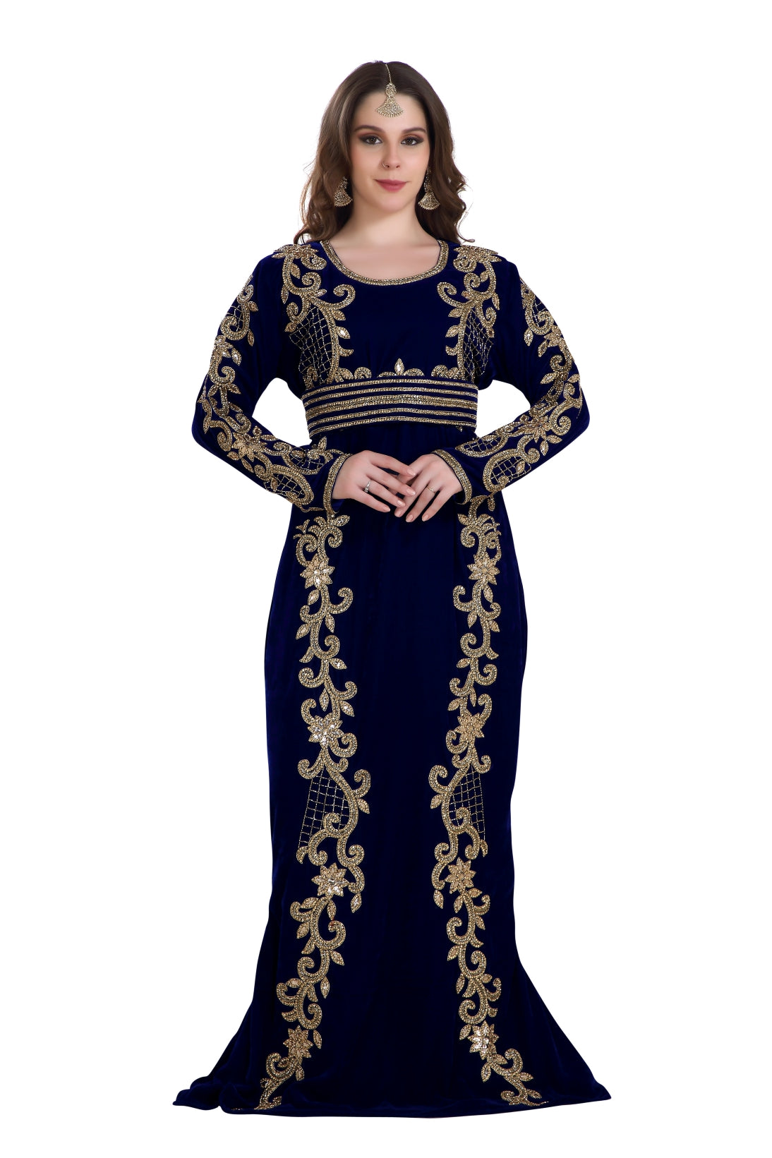 Fishcut Gown Navy Blue Velvet Crystal Moroccan Kaftan - Maxim Creation