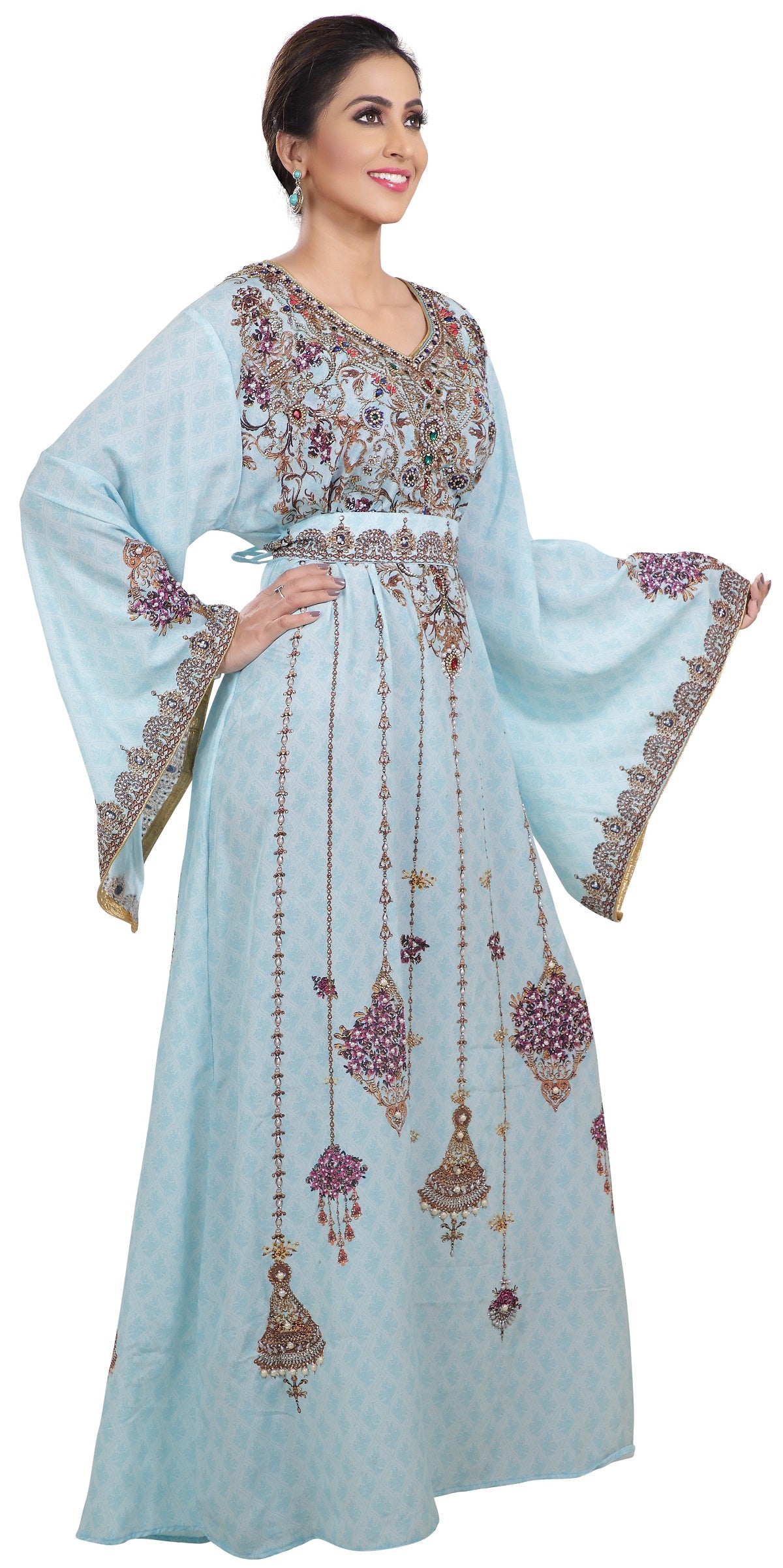 Printed Dubai Kaftan with Floral Embroidery - Maxim Creation